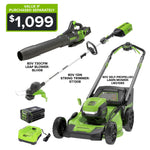 Greenworks 80V 21in Self Propelled Lawn Mower 13in String Trimmer and 730 Leaf Blower Combo with 4 Ah Battery and Charger