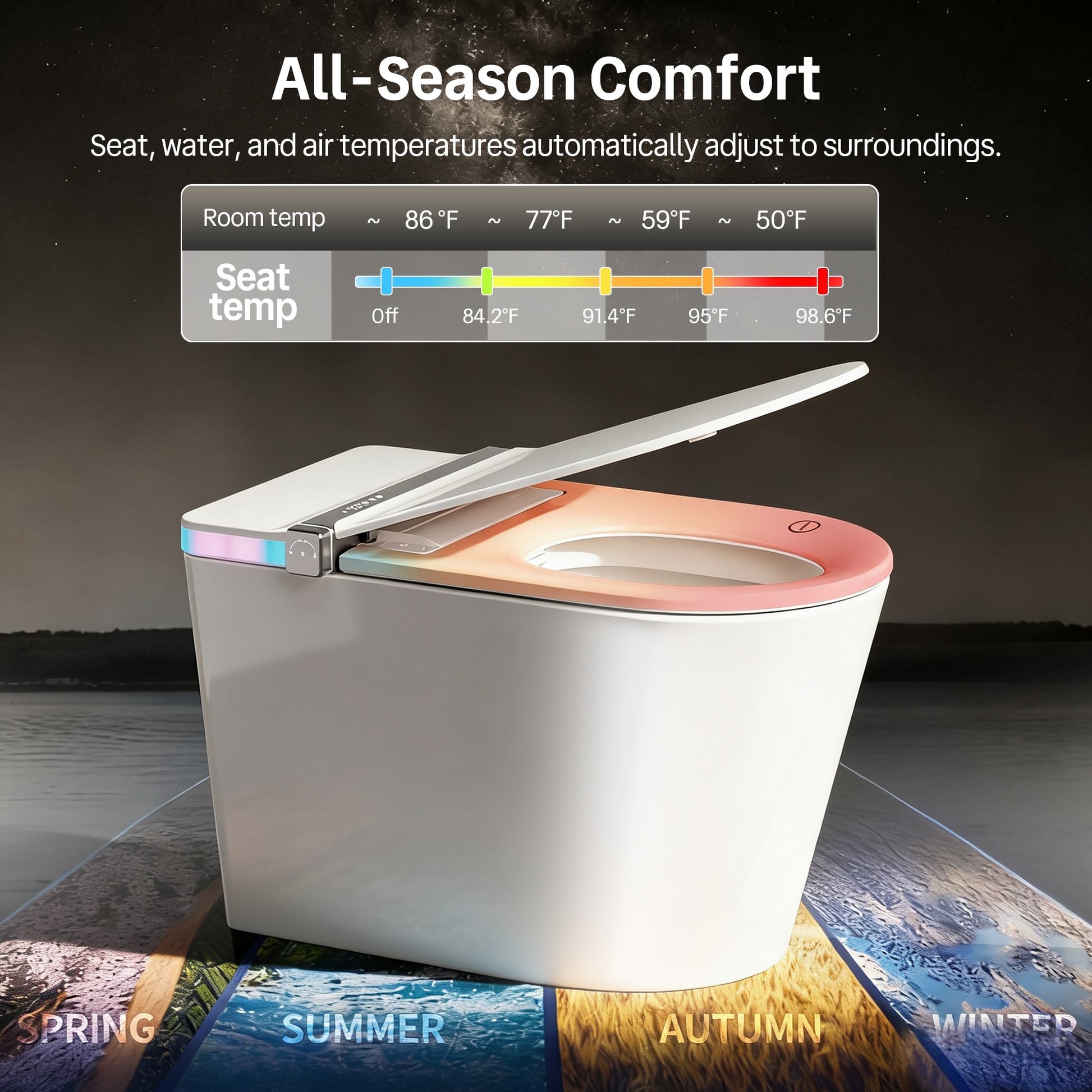DeerValley Vertex White(Customizable Ambient Light) Dual Flush Elongated Chair Height Smart Soft Close 1-piece Bidet 12-in Rough-In 1.28 GPF