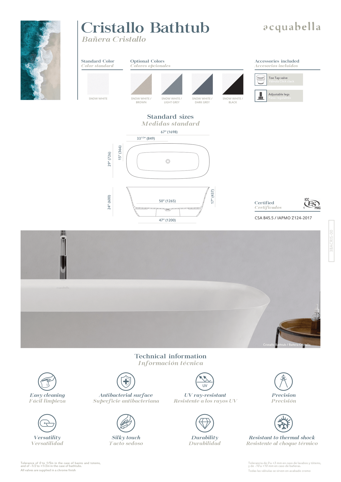 Acquabella Cristallo Center Drain 67x29 Freestanding Bathtub in Snow White with Light Gray, CINB6729MLW, Retail: $10,000.00, FINAL PRICE: $1,499.99 + TAX