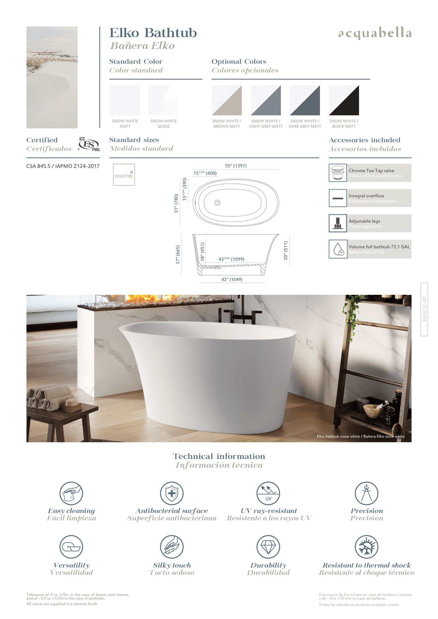 Acquabella Elko Center Drain 55x31 Freestanding Bathtub in Snow White and Dark Grey, ELB5531MDW, Retail: $10,000.00, FINAL PRICE: $1,499.99 + TAX