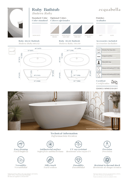 Acquabella Ruby Center Drain 66x32 Freestanding Bathtub in Snow White and Light Grey, RUB6632MLW, Retail: $10,000.00, FINAL PRICE: $1,499.99 + TAX