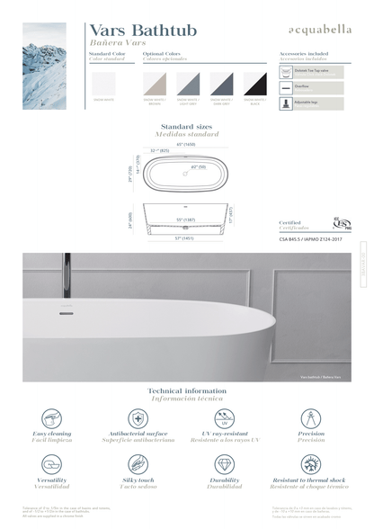 Acquabella Vars Center Drain 65x29 Freestanding Bathtub in Snow White with Matte Black, VB6529MBW, Retail: $10,000.00, FINAL PRICE: $1,499.99 + TAX
