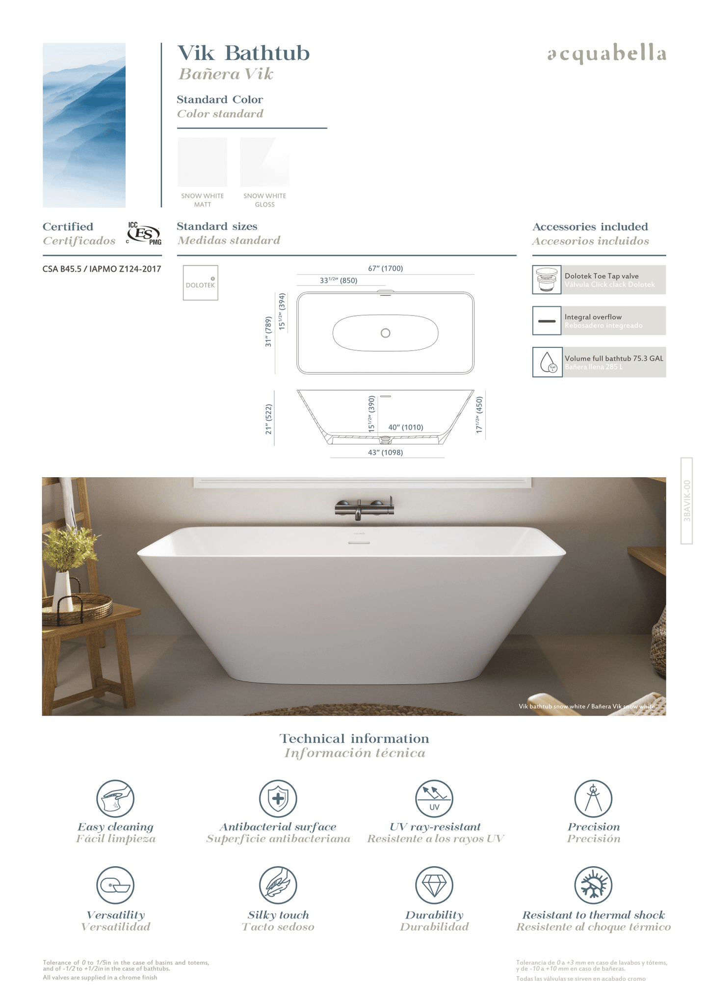 Acquabella Vik Center Drain 67x31 Freestanding Bathtub in Gloss White, VKB6731GW, Retail: $10,000.00, FINAL PRICE: $1,499.99 + TAX