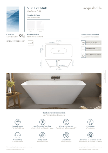 Acquabella Vik Center Drain 67x31 Freestanding Bathtub in Gloss White, VKB6731GW, Retail: $10,000.00, FINAL PRICE: $1,499.99 + TAX