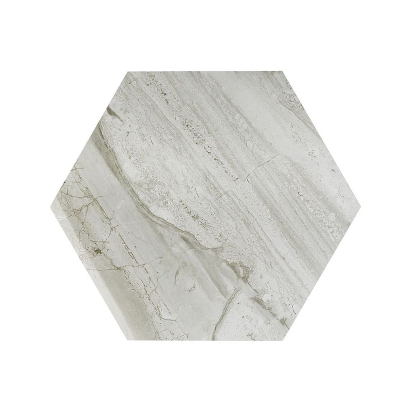 Ashen Silk Hexagon 10x11 Polished Porcelain Tile, SF220046, 8.736sf, 14pcs, 36 lbs, FINAL PRICE: $1.99/sf, $17.38/bx + Tax