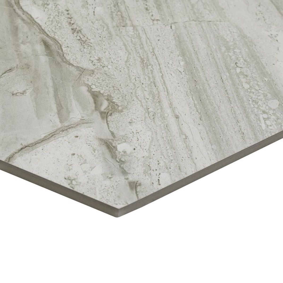 Ashen Silk Hexagon 10x11 Polished Porcelain Tile, SF220046, 8.736sf, 14pcs, 36 lbs, FINAL PRICE: $1.99/sf, $17.38/bx + Tax