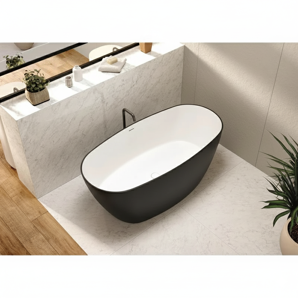 Acquabella Carezza Center Drain 63x31 Freestanding Bathtub in Snow White with Matte Black, CZB6331MBW, Retail: $10,000.00, FINAL PRICE: $1,499.99 + TAX