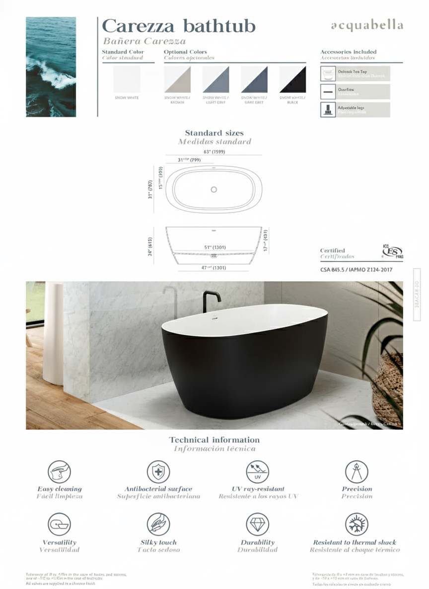 Acquabella Carezza Center Drain 63x31 Freestanding Bathtub in Snow White with Matte Black, CZB6331MBW, Retail: $10,000.00, FINAL PRICE: $1,499.99 + TAX