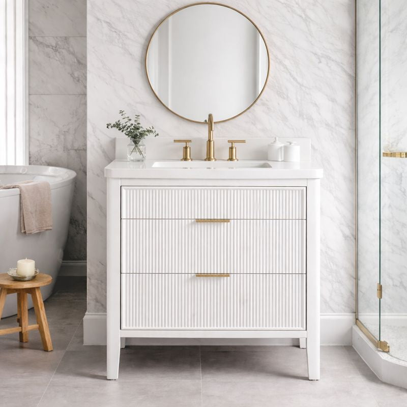 Tulip 36-in Single Sink Vanity with Engineered Carrara Top in White, Tulip13036WH {FB322}, Retail: $1,145.00, FINAL PRICE: $749.99 + TAX