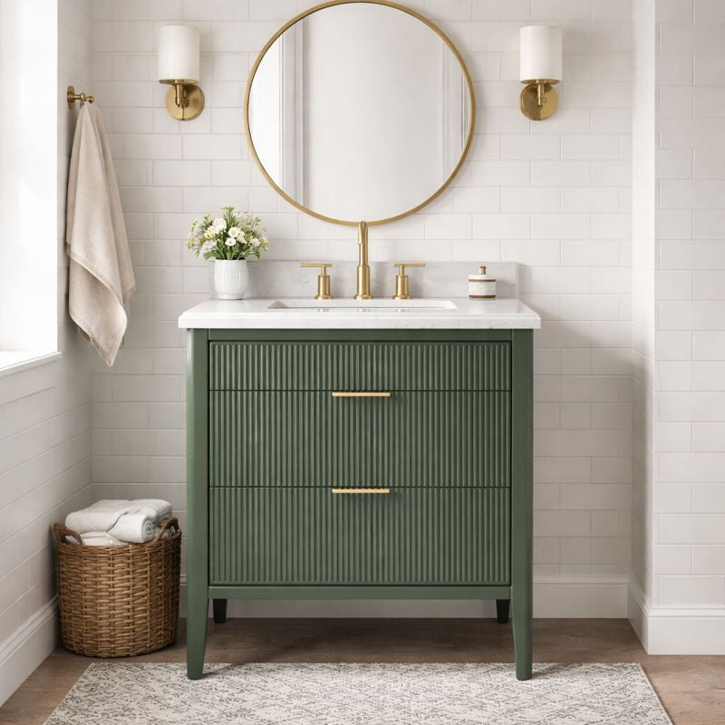 Tulip 36-in Single Sink Vanity with Engineered Carrara Top in Loden Green, Tulip13036GN [FB320], Retail: $1,145.00, FINAL PRICE: $749.99 + TAX