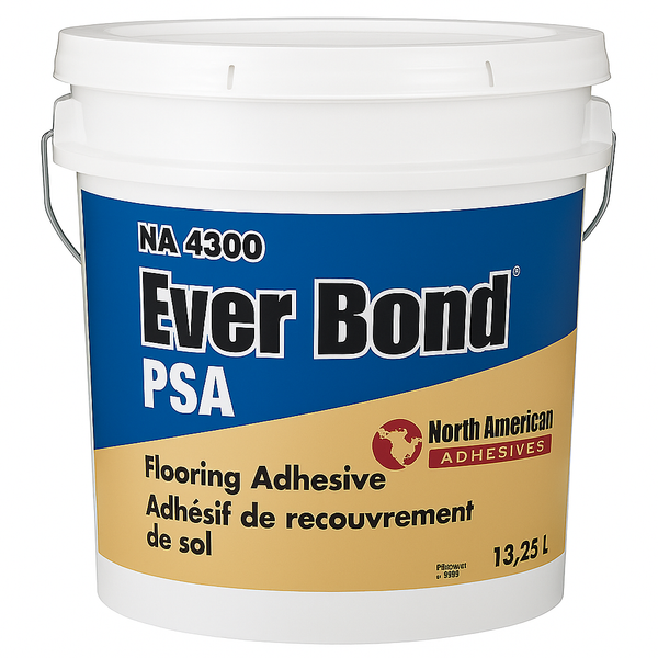 White bucket of Ever Bond PSA flooring adhesive with blue and beige label
