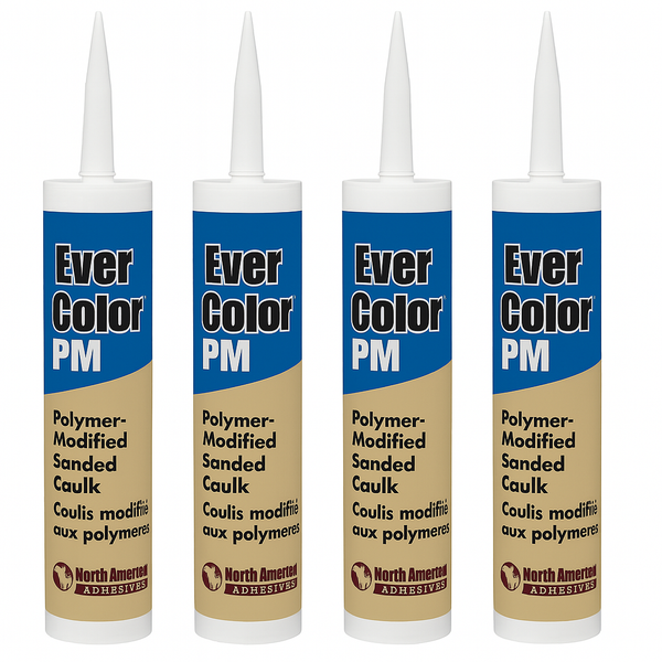 Four bottles of Ever Color PM caulk on a white background