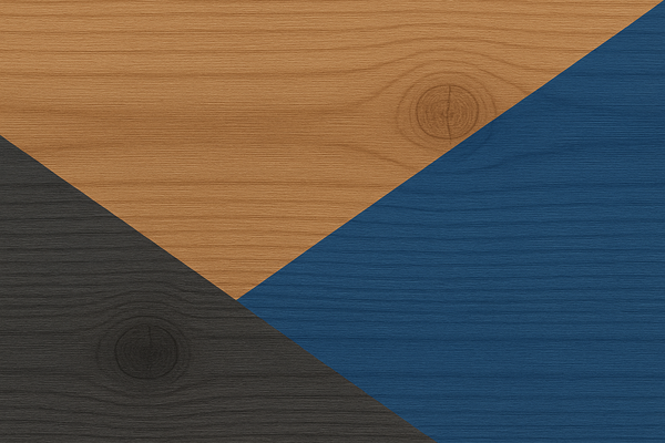 Wooden surface with a geometric pattern of brown, blue, and black triangles.