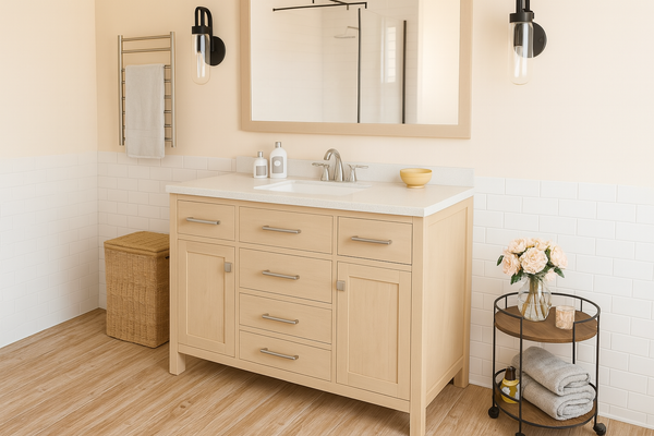 Bathroom with wooden vanity, sink, and decorative elements.