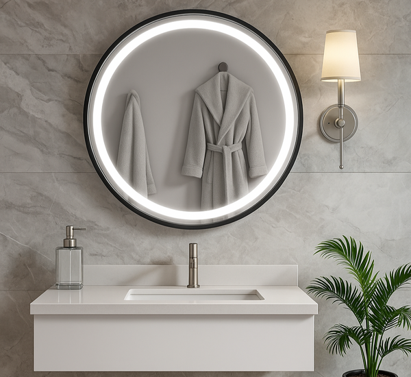 Bathroom setup with a round illuminated mirror, sink, and plant.