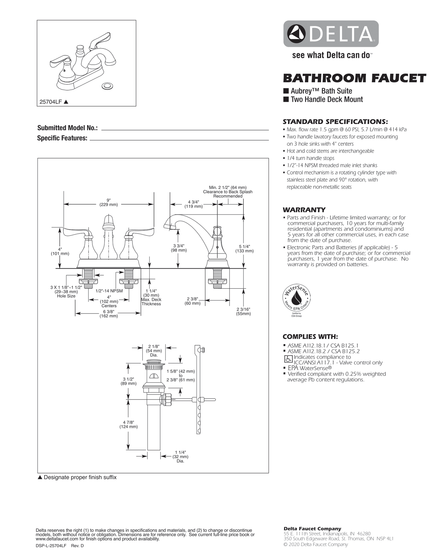 Delta Aubrey Two Handle Centerset Bathroom Faucet Stainless, 25704LF-SS MSRP: $159.85, Clearance, Loc: Rug1