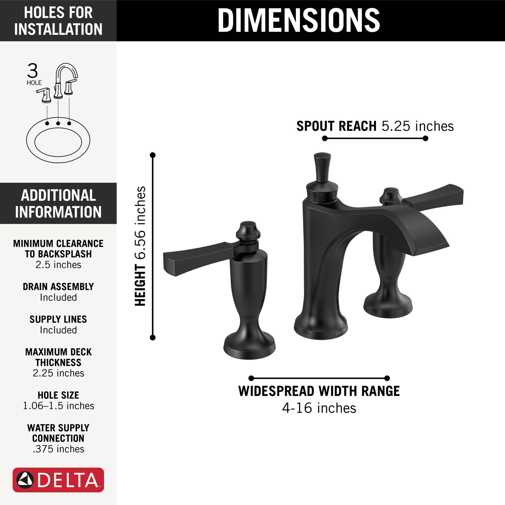 Delta Dorval Two Handle Widespread Bathroom Faucet In Matte Black, 3556-BLMPU-DST