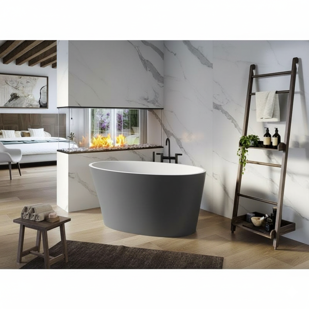 Acquabella Elko Center Drain 55x31 Freestanding Bathtub in Snow White and Dark Grey, ELB5531MDW, Retail: $10,000.00, FINAL PRICE: $1,499.99 + TAX