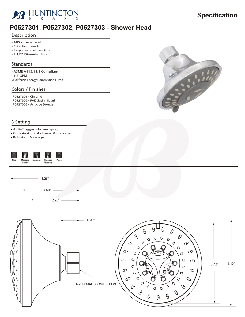 HUNTINGTON Showerhead P0527303 03130-20 Three-Setting Shower Head
