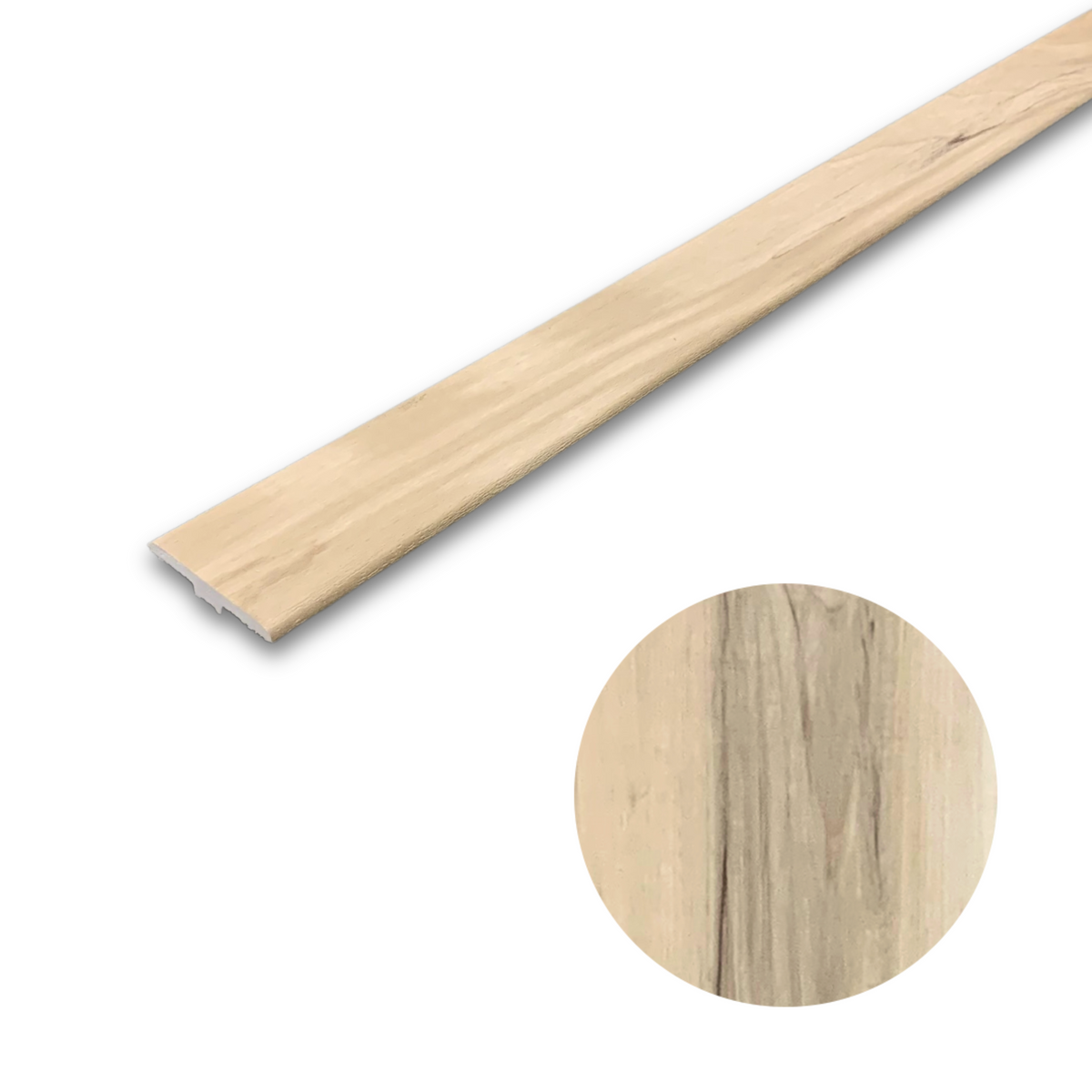 A beige T-mold laurel springs molding with a natural wood finish. The image shows the molding from a side view and a close-up of the wood grain texture.