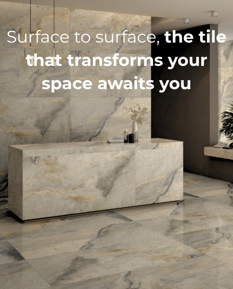 Marble-patterned tiles in a bathroom setting with text about transforming spaces.