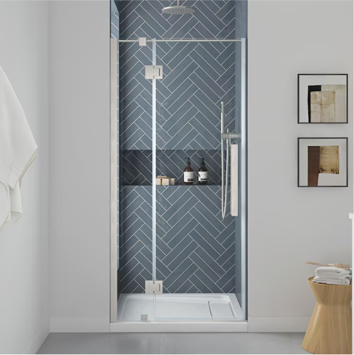 OVE Decors Niko Satin Nickel 34-in to 36-in x 73.9-in Frameless Hinged Soft Close Shower Door, NIKO-SC-36GP-SN 3492203 *HD24,  Retail: $619.00,  Final Price: $399.99 +Tax