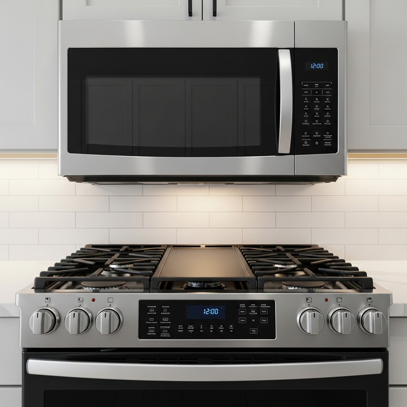 Stainless steel microwave and gas stove in a kitchen setting