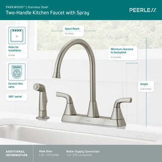 Peerless Parkwood Two Handle Kitchen Faucet with Spray in Stainless Steel, P2835LF-SS, MSRP: $118.94, FINAL PRICE: $57.99 + TAX