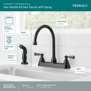 Peerless Elmhurst Two Handle Kitchen Faucet with Spray in Oil Rubbed Bronze, P2865LF-OB, MSRP: $125.93, FINAL PRICE: $53.99 + TAX