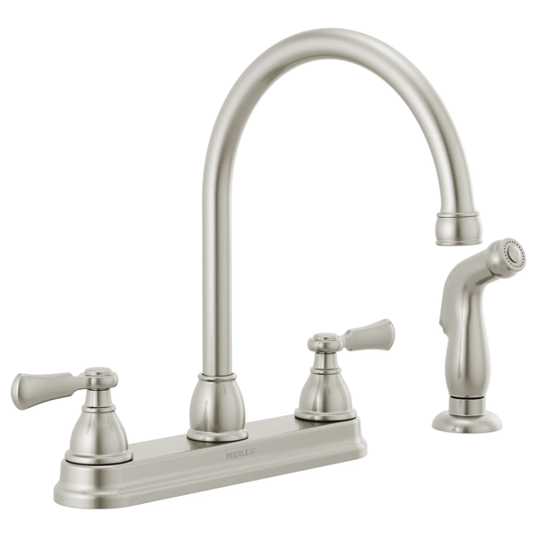 Peerless Elmhurst Two Handle Kitchen Faucet with Spray in Stainless Steel, MSRP: $108.43, FINAL PRICE: $49.99 + TAX