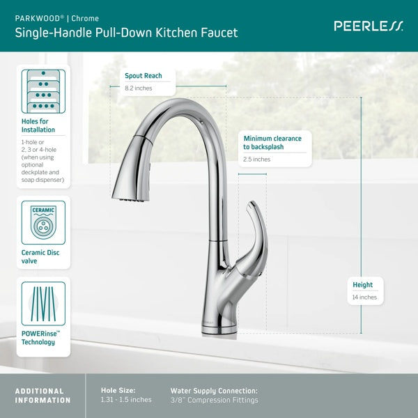 Peerless Parkwood Single Handle Pulldown Kitchen Faucet in Chrome, P7935LF, MSRP: $314.86, FIANL PRICE: $79.99 + TAX