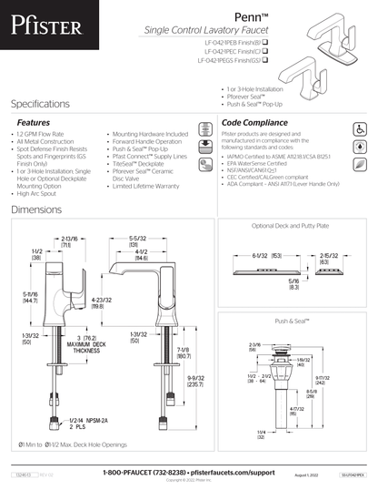 Pfister Penn Bath Faucet Polished Chrome, LF-042-1PEC Retail:$185.00 Loc: B1  FINAL PRICE