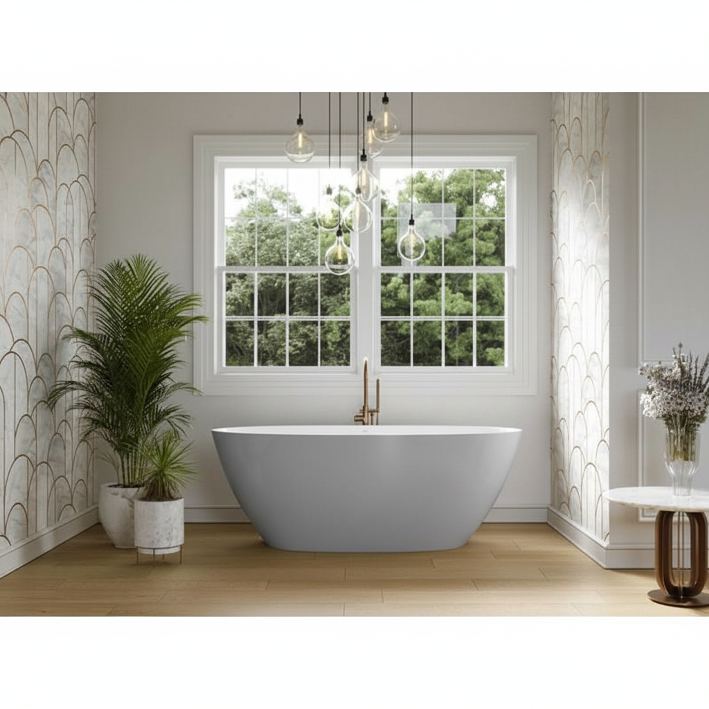 Acquabella Ruby Center Drain 66x32 Freestanding Bathtub in Snow White and Light Grey, RUB6632MLW, Retail: $10,000.00, FINAL PRICE: $1,499.99 + TAX