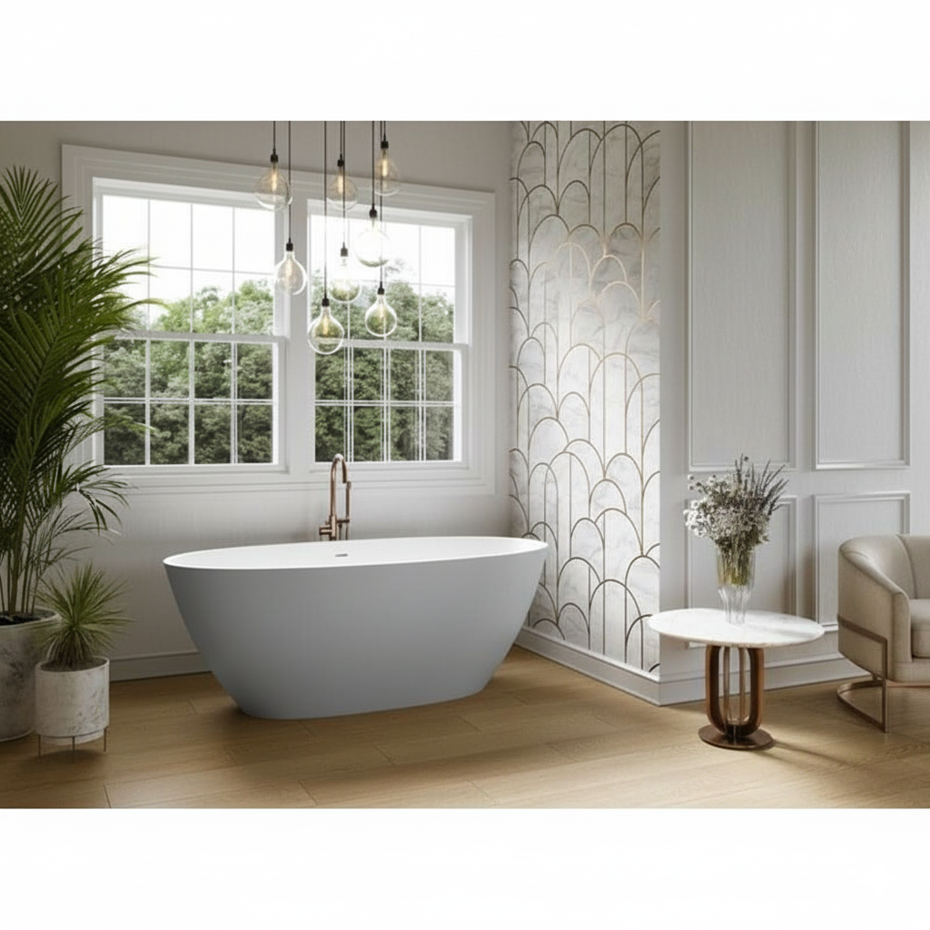 Acquabella Ruby Center Drain 66x32 Freestanding Bathtub in Snow White and Light Grey, RUB6632MLW, Retail: $10,000.00, FINAL PRICE: $1,499.99 + TAX