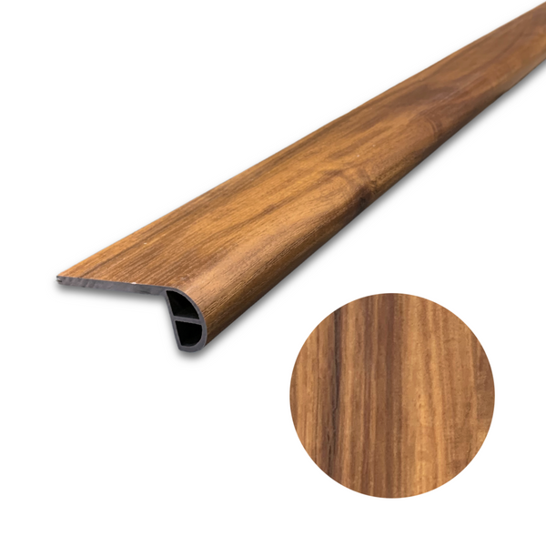 A brown stair tread with a visible wood grain, curved in an arch shape, with a inset showing a close-up of the wood texture.