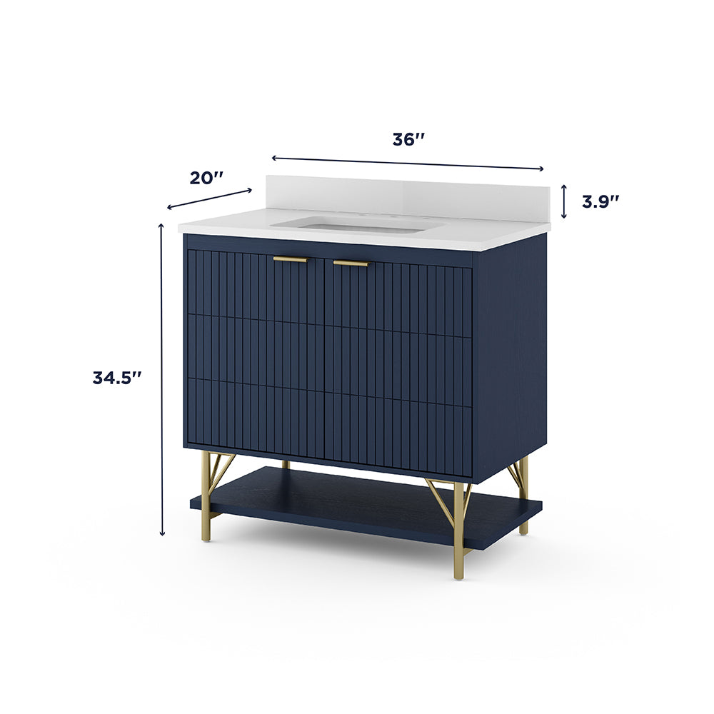 *ASSEMBLY REQUIRED* Summit Lane Calletano 36-in Navy Blue Undermount Single Sink Bathroom Vanity with White Quartz Top, SL36CTV, [FB232], MSRP: $1,339.00, Final Price: $549.99 + Tax