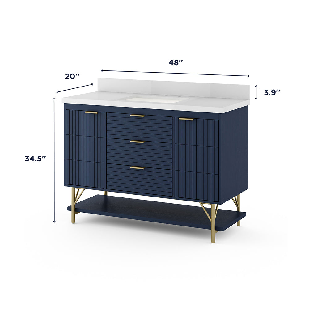 *ASSEMBLY REQUIRED* Summit Lane Calletano 48-in Navy Blue Undermount Single Sink Bathroom Vanity with White Quartz Top, SL48CTV, [FB233], MSRP: $3,799.00, Final Price: $749.99 + Tax