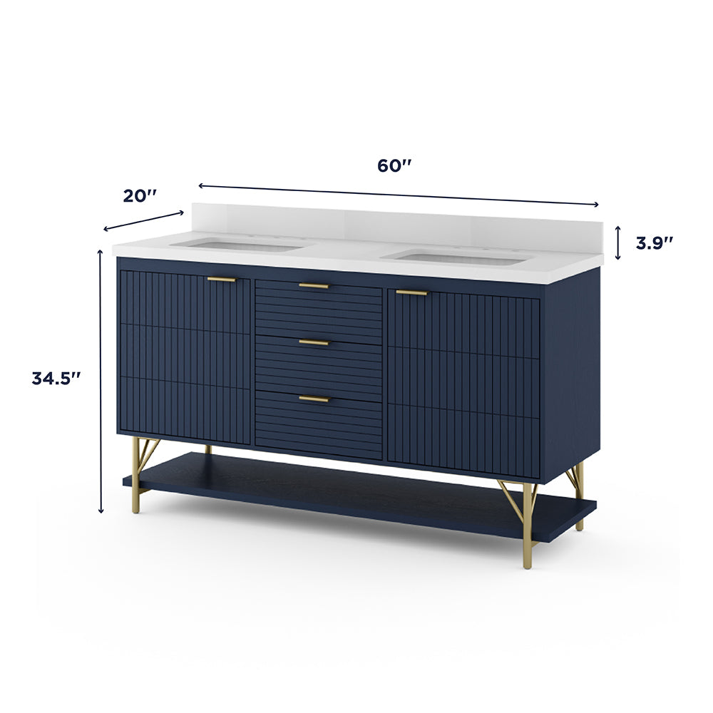 *ASSEMBLY REQUIRED* Summit Lane Calletano 60-in Navy Blue Undermount Double Sink Bathroom Vanity with White Quartz Top, SL60CTV, [FB234], MSRP: $2,149.00, Final Price: $899.99 + Tax