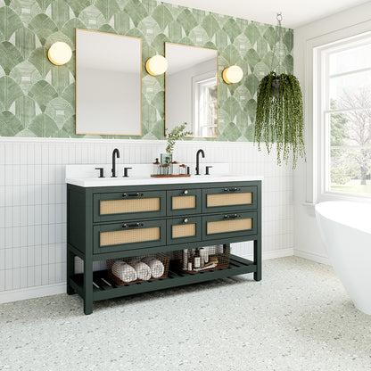 Summit Lane Thurston 60-in Green Undermount Double Sink Bathroom Vanity with White Lightly Veined Quartz Top, SL60TTV, [FB252], MSRP: $2,459.00, Final Price: $899.99 + Tax