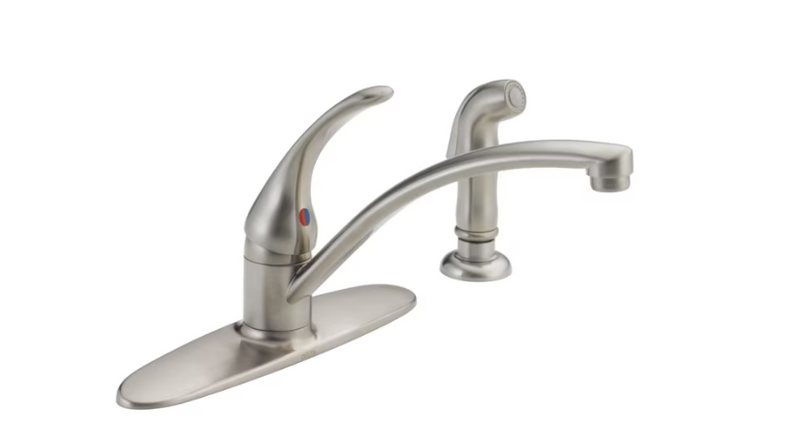 Delta Foundations Single Handle Kitchen Faucet with Spray in Stainless Steel, B4410LF-SS, MRSP: $171.3, FINAL PRICE: $39.99 + TAX