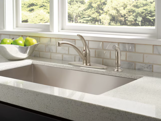 Delta Foundations Single Handle Kitchen Faucet with Spray in Stainless Steel, B4410LF-SS, MRSP: $171.3, FINAL PRICE: $39.99 + TAX