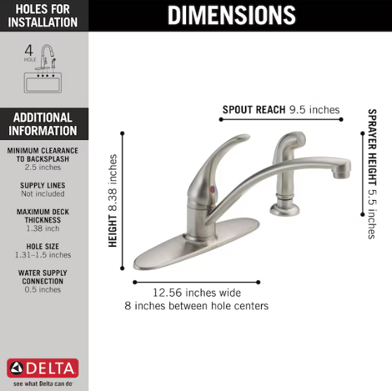 Delta Foundations Single Handle Kitchen Faucet with Spray in Stainless Steel, B4410LF-SS, MRSP: $171.3, FINAL PRICE: $39.99 + TAX