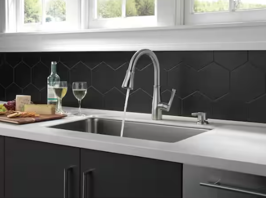 Delta Owendale Single Handle Pull-Down Kitchen with Soap Dispenser and ShieldSpray Technology in Spotshield Stainless Steel, 19875Z-SPSD-DST, MRSP: $407.95, FINAL PRICE: $ + TAX