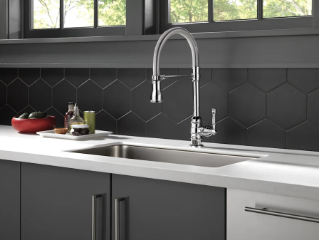 Delta Broderick Single Handle Pull-Down Kitchen Faucet With Spring Spout in Chrome, 9690-DST, MRSP: $1056, FINAL PRICE: $469.99 + TAX