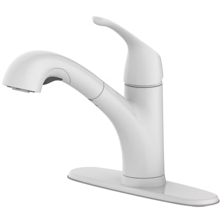 Project Source EVERFIELD White Single Handle Deck-mount Pull-out Kitchen Faucet with Sprayer (Includes Deck Plate)