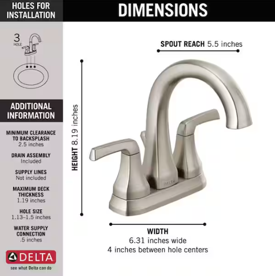 Delta Portwood Two Handle Centerset Bathroom Faucet in Spotshield Brushed Nickel, 25770LF-SP, MRSP: $162.85, FINAL PRICE: $59.99 + TAX