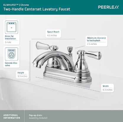 Peerless Elmhurst Two-Handle Centerset Bath Faucet in Chrome, P2465LF, MSRP: $157.36, FINAL PRICE: $39.99 + TAX