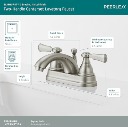 Peerless Elmhurst Two-Handle Centerset Bath Faucet in Brushed Nickel, P2465LF-BN, MSRP: $100.03, FINAL PRICE: $39.99 + TAX