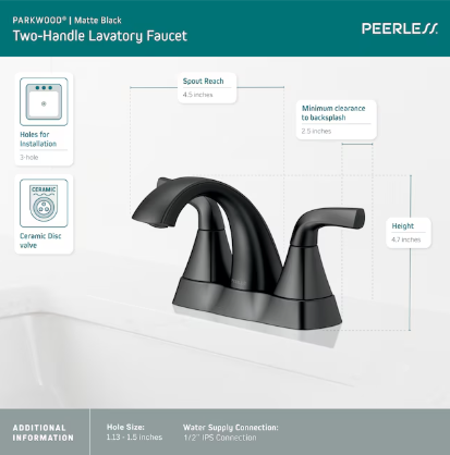 Peerless Parkwood Two Handle Centerset Lavatory Faucet in Matte Black, P2535LF-BL, MSRP: $126, FINAL PRICE: $59.99 + TAX