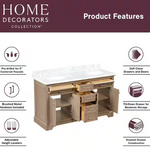 Windlowe 61 in. Double Sink Almond Taupe Bath Vanity with White Carrara Marble Top, CLEARANCE PRICE: $999.99[FBM-120]